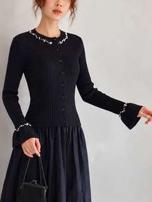 Women's Autumn/Winter Casual Elegant Lady Style Beaded Design Round Neck Cardigan Knit Sweater - Black - View 1