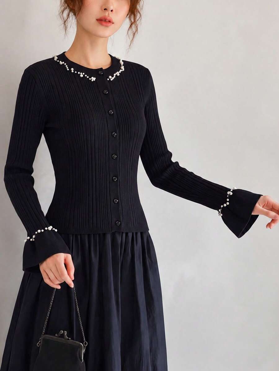Women's Autumn/Winter Casual Elegant Lady Style Beaded Design Round Neck Cardigan Knit Sweater - Black - View 1