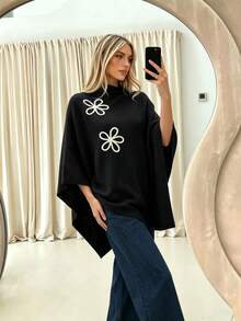 Women's Colorblock Floral Embroidered Loose French Elegant Fashion Knit Shawl, Autumn/Winter Daily Date Versatile Sweater Cape - Black - View 5