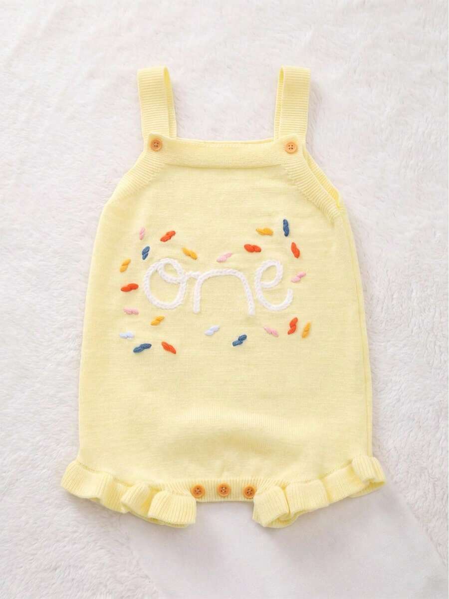 女嬰夏季可愛甜美「One」字母彩色刺繡針織吊帶三角連身褲,可愛迷人,適合日常休閒穿著或外出 - 黃色 - 查看 1