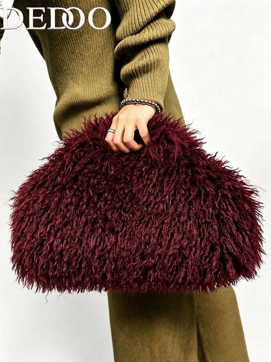 Dedoo Women's Cloud Clutch Bag, Solid Color Long Curly Faux Fur, Magnetic Closure, Portable, Avant-Garde Y2K Style, Suitable For Party And Date, Autumn/Winter Women's Style