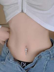 1pc Personalized Fashion Butterfly Flower Water Drop Belly Button Ring, Suitable For Women's Daily And Party Wear - Silver - View 3