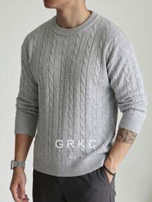 GRKC 中性休閒寬鬆極簡百搭純色粗針編織圓領套頭長袖毛衣，適合春秋冬季 - 灰色 - 查看 2