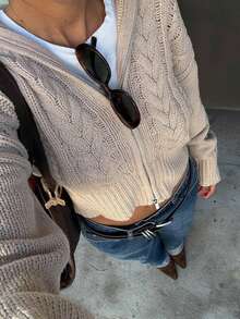 Senya Autumn/Winter New Vintage Oversized Lapel Double Zipper Cable Knit Cardigan, Loose Drop Shoulder Casual Short Commuter Sweater Fall - Khaki - View 4