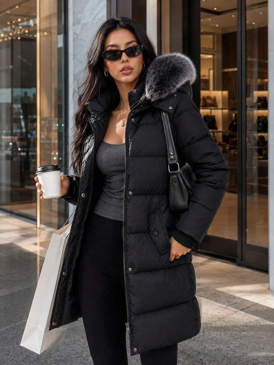 女士时尚可拆卸连帽仿毛领保暖加厚羽绒服,冬季必备 - 黑色 - 查看 1
