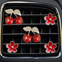 3/5pcs Open Daisy Alloy Car Air Vent Decor With Rhinestone Cherry, Small Clear Interior Decoration For Car AC Outlet, Automotive Interior Ornament - A - View 7
