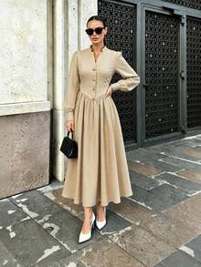 Gaun Malam Formal Wanita Gaya Prancis Elegan Warna Polos dengan Kancing Vintage untuk Kencan Musim Semi dan Gugur - Khaki - View 3