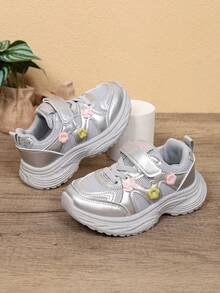 All-Season Breathable Mesh Sports Shoes For Girls, Colorful Floral Decoration, Hook And Loop Closure, Soft Sole, Non-Slip, Casual Comfortable Versatile Chunky Sneakers (Runs Small) - Silver - View 1