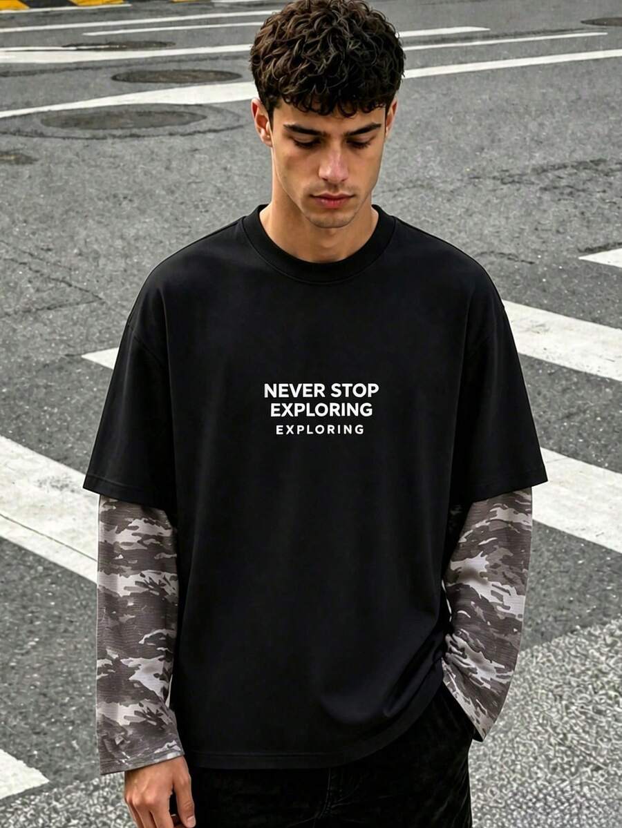 Zrgoth Men's Letter Print 2-In-1 Long Sleeve T-Shirt, Black Camouflage Patchwork Street Style Crew Neck Top - Black - View 1