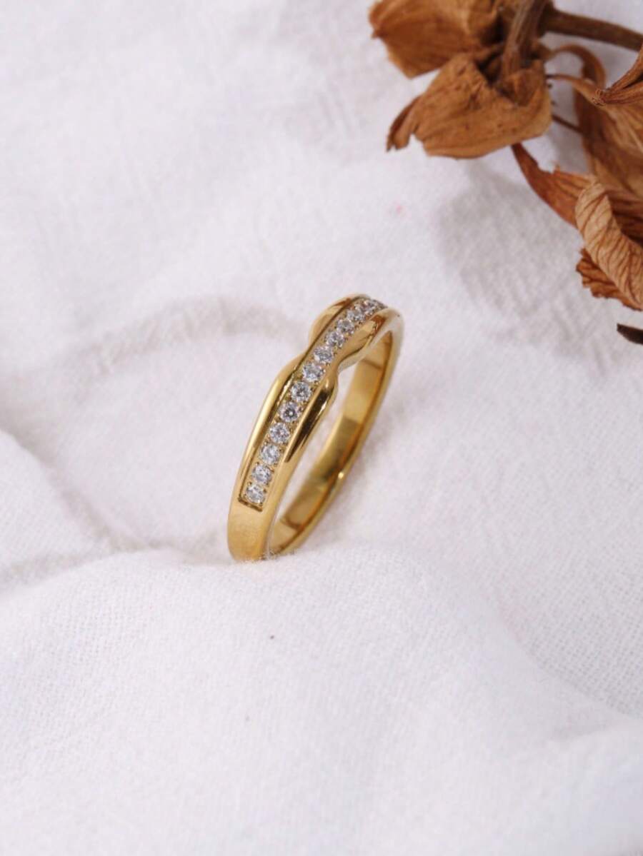 1pc Stainless Steel 18K Gold Plated Wavy Curved Half-Circle Rhinestone Ring, Elegant Elegant, Suitable For Dress, Shirt, Daily Wear, Versatile Commute Accessory - Wavy Half-circle Rhinestone Ring - View 1