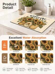 1pc Sunflower Pattern Printed Diatomaceous Earth Kitchen Dish Drying Mat, Absorbent Dish Drying Mat, Coffee Machine Mat, Dishwashing Mat, Sink Mat, Kitchen Countertop Protector, Suitable For Cups, Plates, Tableware And Kitchen Decor - Multicolor - View 9