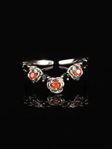 2pcs Gothic Fashion Red Cubic Zirconia Rose Shaped Rings, Gothic Style Combined With Dark Elements Ring Set, Unisex Suitable For Halloween, Easter And Matching With Gothic Style Clothing - Silver - View 6