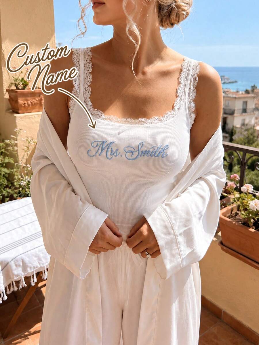 Personalized Embroidered Lace Tank Top, Custom Embroidery Modal Tank Bridal Shower Gift, Engagement Gift Bachelorette Party, New Mrs. Tank - Multicolor - View 1