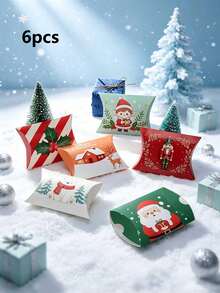 6PCS/12PCS Kotak Hadiah Berbentuk Bantal Kartun Natal, Kotak Kertas Bergambar Santa, Nutcracker, dan Elf untuk Permen, Kue, dan Camilan, Kemasan Suvenir Pesta Natal - View 8