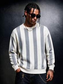 SU ER 1pc Men's Autumn/Winter Casual Striped Knit Top - Light Grey - View 1