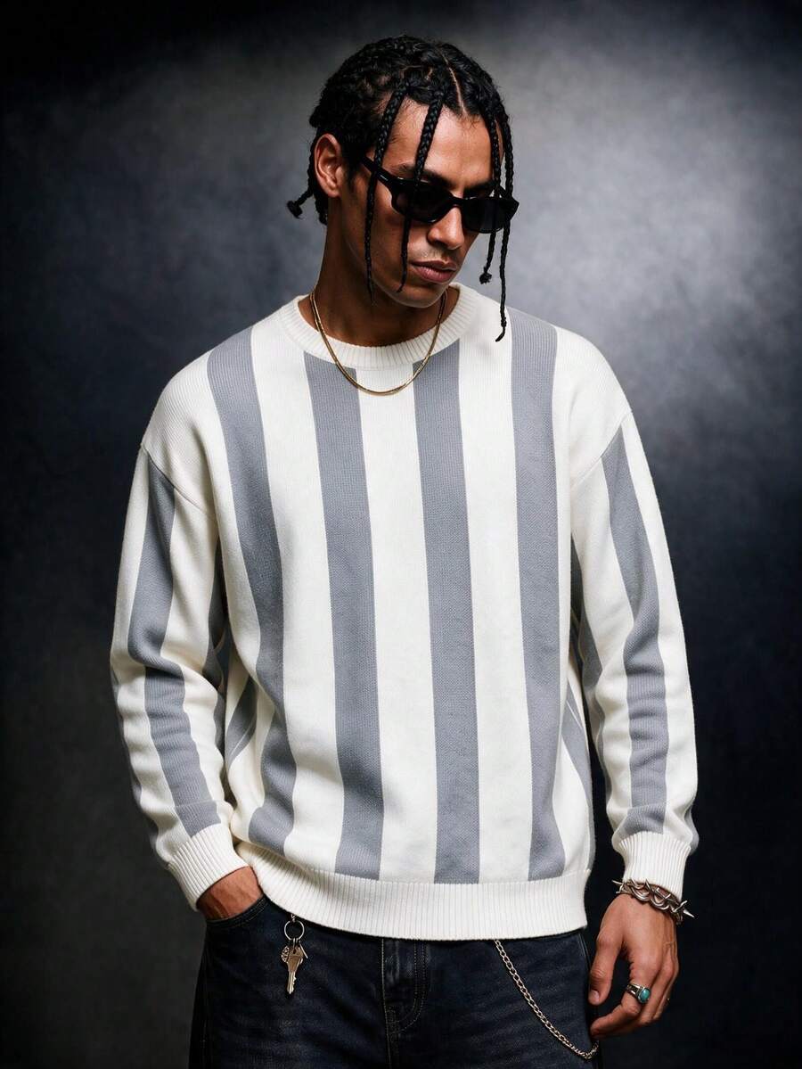 SU ER 1pc Men's Autumn/Winter Casual Striped Knit Top - Light Grey - View 1
