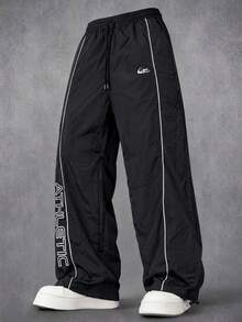 Men's Black Sports Long Pants, Joggers, Athletic Pants, Contrast Trim, Letter Print, Drawstring Waist, Elastic Cuffs, Side Pockets, Sportswear - Black - View 3