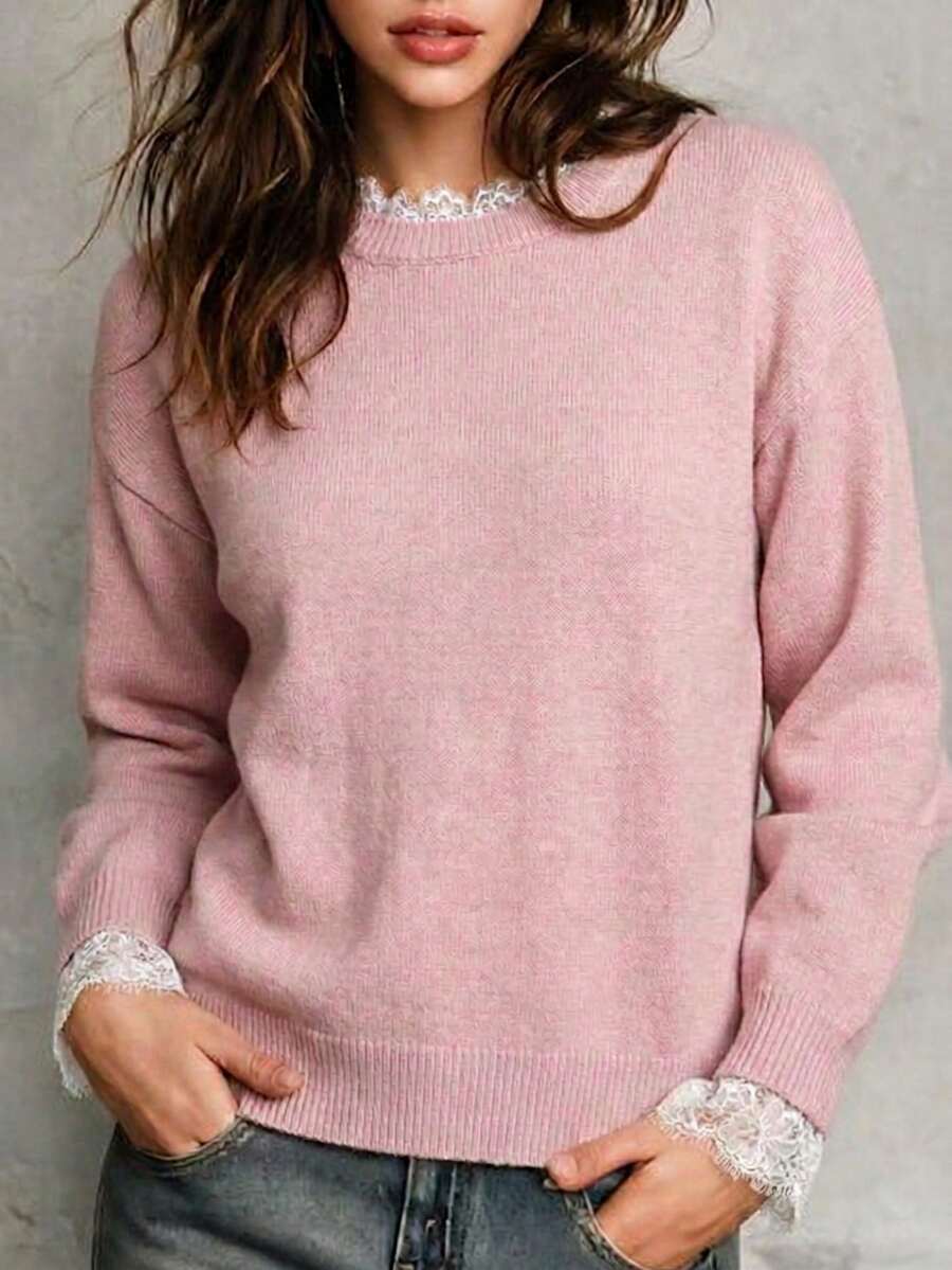 Women's Soft Pastel Pink Mixed Color Lace Trim Knitted Sweater, Loose Lazy Fit Contrast Lace Round Neck Soft Long Sleeve Top, Moderate Thickness, Suitable For Spring Single Wear, Autumn Layering, Winter Inner Layer, Three Seasons Versatile - Pink - View 1