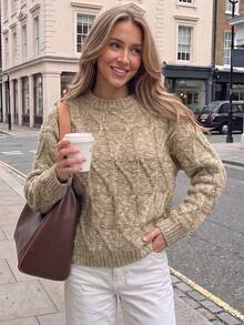 Sweater Wanita Lengan Panjang Leher Bulat Kasual Longgar Serbaguna - Khaki - View 3