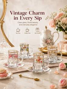 6pcs Vintage Floral Glass Tea Cup & Saucer Set, Gold Rim Transparent Red Tea Cups, Elegant Home Coffee Cups - Flower Gourd Cup - View 1