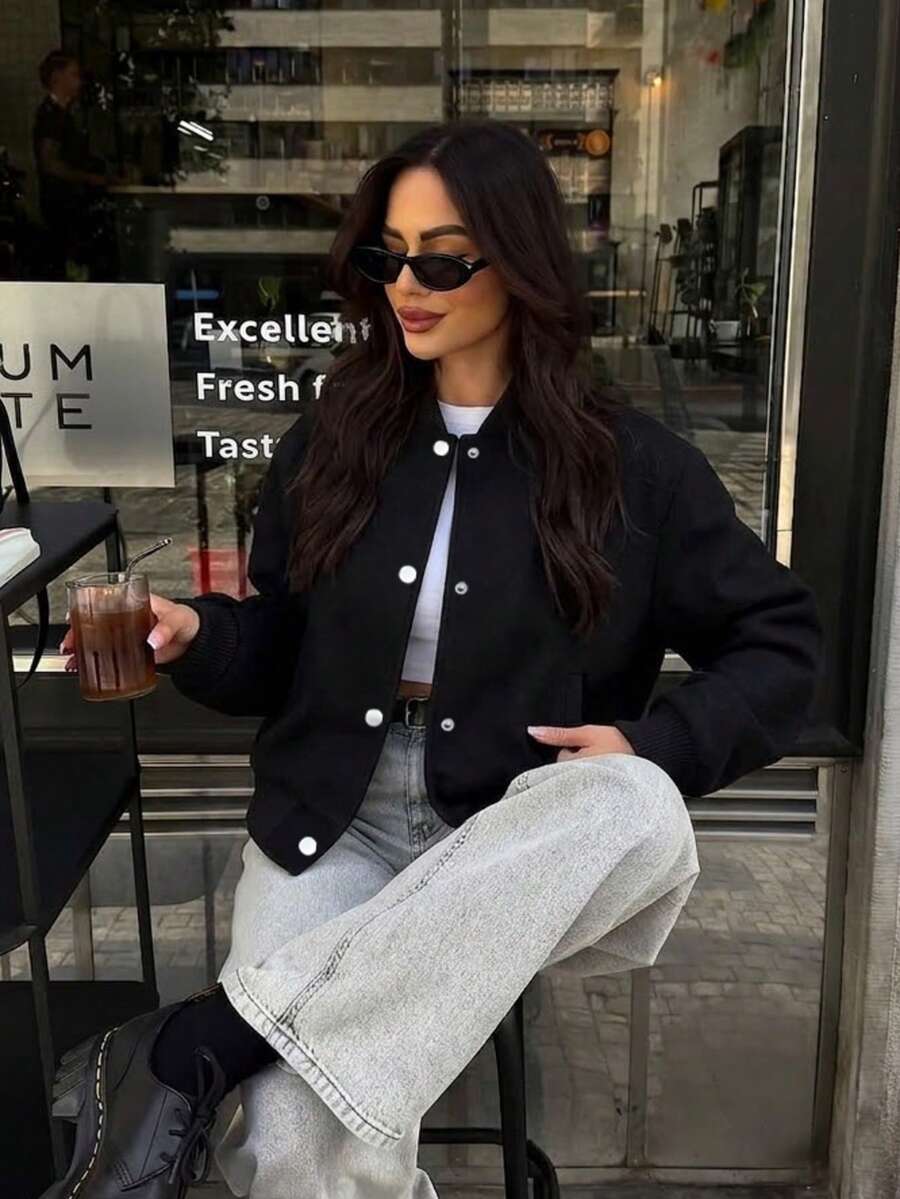 جاكيت بومبر نسائي أسود، ناعم، فضفاض، مناسب للخريف والشتاء، مناسب للارتداء اليومي، الخروج، أو هالوين. - الأسود - مشاهدة 1