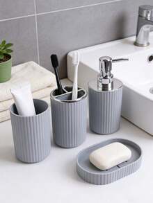Juego de baño de 4 piezas con diseño de rayas simples, que incluye botella deón para manos, vaso para enjuague, soporte para cepillos de dientes y plato paraón. Decoración para el baño del hogar, decoración de otoño, regreso a clases. - Multicolor - Ver 1