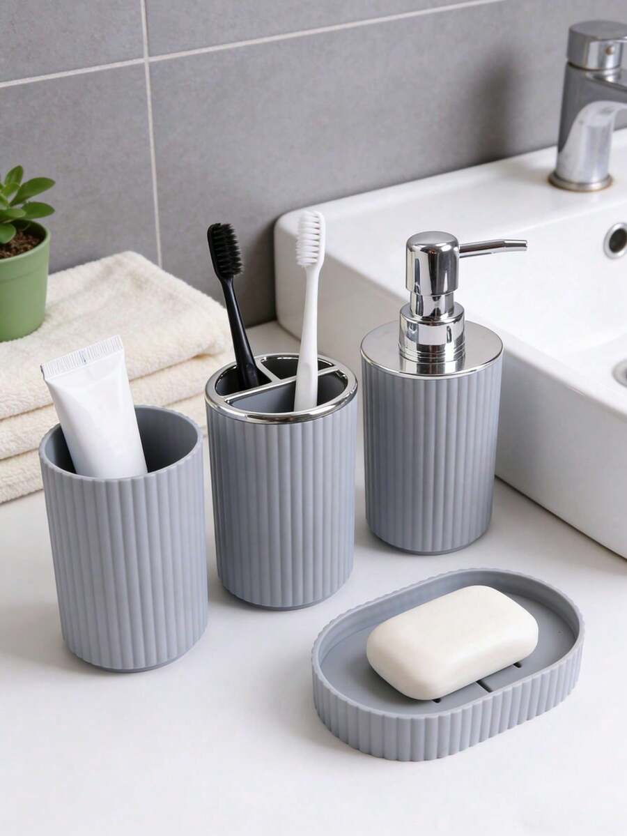 Juego de baño de 4 piezas con diseño de rayas simples, que incluye botella deón para manos, vaso para enjuague, soporte para cepillos de dientes y plato paraón. Decoración para el baño del hogar, decoración de otoño, regreso a clases. - Multicolor - Ver 1