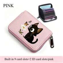 Cute Black Cat & Daisy Butterfly Print PU Leather Zipper Wallet, Women's Mini Card Holder & Coin Purse - Multicolor - View 13