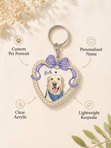 Custom Pet Photo Keychain, Heart Bow Pet Portrait Key Ring, Personalized Pet Name Acrylic Keychain Gift For Pet Lovers - Multi-color - View 4