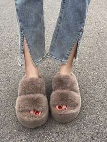 Thick Sole Platform Fuzzy Slippers For Women, Autumn/Winter Outdoor Wear, Popular Home Anti-Slip Plush Thermal Slippers - Khaki - View 6