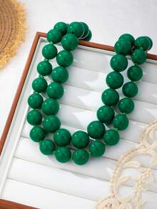 OABE 2pcs/Set Bohemian Style Casual Wear Accessories Green Round Bead Layered Necklace Set, Suitable For Women's Daily Wear, Holiday/Anniversary Surprise Gift - Green - View 5