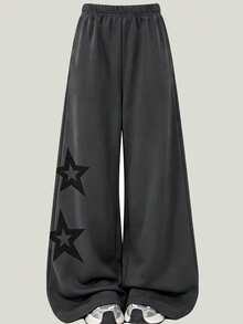 Lurzo Celana Jogger Kasual Longgar Gaya Y2K untuk Anak Perempuan, Desain Pola Bintang yang Dipersonalisasi di Sisi-Sisi, Gaya Y2K, Cocok untuk Pemakaian Sehari-hari dan Olahraga - Dark Grey - View 3