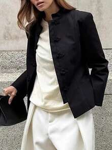 Women's Elegant New Chinese Style Frog Button Long Sleeve Stand Collar Blazer Jacket (With Shoulder Pads) Solid Color Front Button Fake Pockets For Daily Wear And Dating - Black - View 6