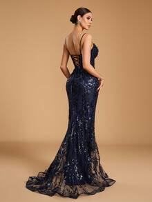 Women's Luxury Deep Blue Beaded Mermaid Evening Gown, Spaghetti Strap Sequin Formal Long Dress With Transparent Train, Suitable For Balls And Events, Women's Formal Long Mermaid Dress, Spaghetti Strap Pearl Sequin Decor Backless Tie Ball Gown - Royal Blue - View 10