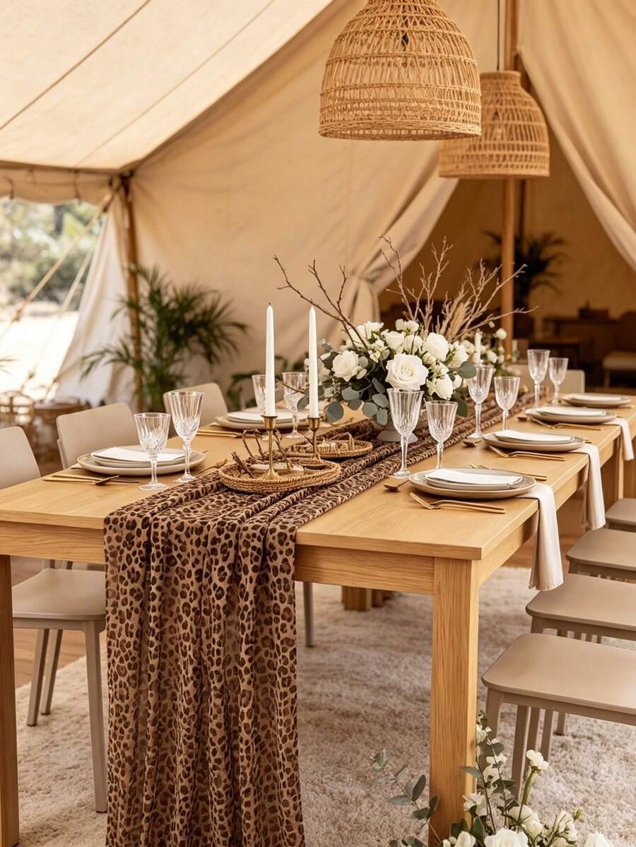 1pc American Leopard Print Tulle Table Runner, Vintage Wild Style Dining Table Decor, Party Wedding Banquet Table, Birthday Party Wedding Dinner Tabletop Decoration - Multicolor - View 1