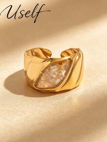 Uself 5pcs/1pc Cincin Lebar Bertekstur Vintage, Desain Alur Mata Kuda Cangkang Hancur Multi-Warna, Cincin Jari Telunjuk Mewah Kelas Atas yang Dapat Diatur - MultiWarna - View 13