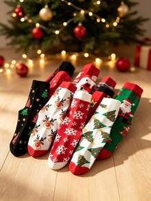 Set 10 Pasang Kaos Kaki Liburan Natal, Pohon Natal, Rusa Kutub, Kaos Kaki Kartun Santa Claus Setinggi Betis, Kaos Kaki Hadiah Liburan Meriah dan Serbaguna untuk Musim Gugur/Dingin - MultiWarna - View 3