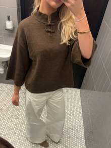 SEREN Elegant Women's Regular Fit Pullover Sweater, Brown, With Traditional Button Details And Wide Cuffs, Autumn Outfit Essential - Brown - View 6