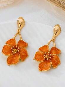 8 buah Anting Liontin Bunga Lima Kelopak Bentuk Tetesan Minyak Jeruk Elegan, Cocok untuk Pemakaian Sehari-hari, Hadiah untuk Teman di Hari Libur - Jeruk - View 2