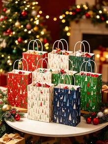 4pcs/Set Winter Christmas Gift Bags, Forest Deer & Mini Christmas Tree Print, With Handle, Christmas Paper Tote Bags, Christmas Holiday Gift Packaging Paper Bags, Party Favors, Merry Christmas Home Decor, Christmas Decoration, - Multicolor - View 1