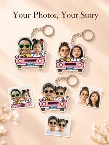 Personalized Face Cutout Photo Keychain, Custom Pink Cartoon Car With Double Photo And Text, Couple Family Keepsake For Bags And Keys - Multi-color - View 8