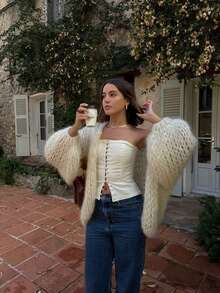 GLAMMY Minimalist Slouchy Chunky Knit Hollow Out Spring/Autumn French Relaxed V-Neck Lantern Sleeve Chunky Knit Hollow Out Design Daily Street Commute Versatile Slouchy Outerwear Solid Color Ribbed Home - Beige - View 2