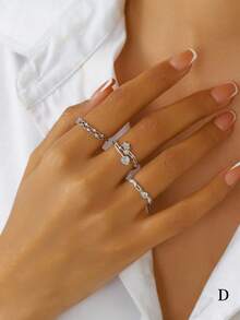 Set de 3 anillos con forma de corazón geométrico minimalista de circonita, regalo para uso diario y de fiesta para mujeres - Plateado - Ver 8