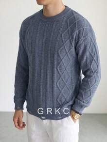 GRKC Men's Spring Autumn Winter European American Street Fashion Minimalist Casual Versatile Striped Plaid Textured Crew Neck Long Sleeve Pullover Knit Sweater - Blue - View 1