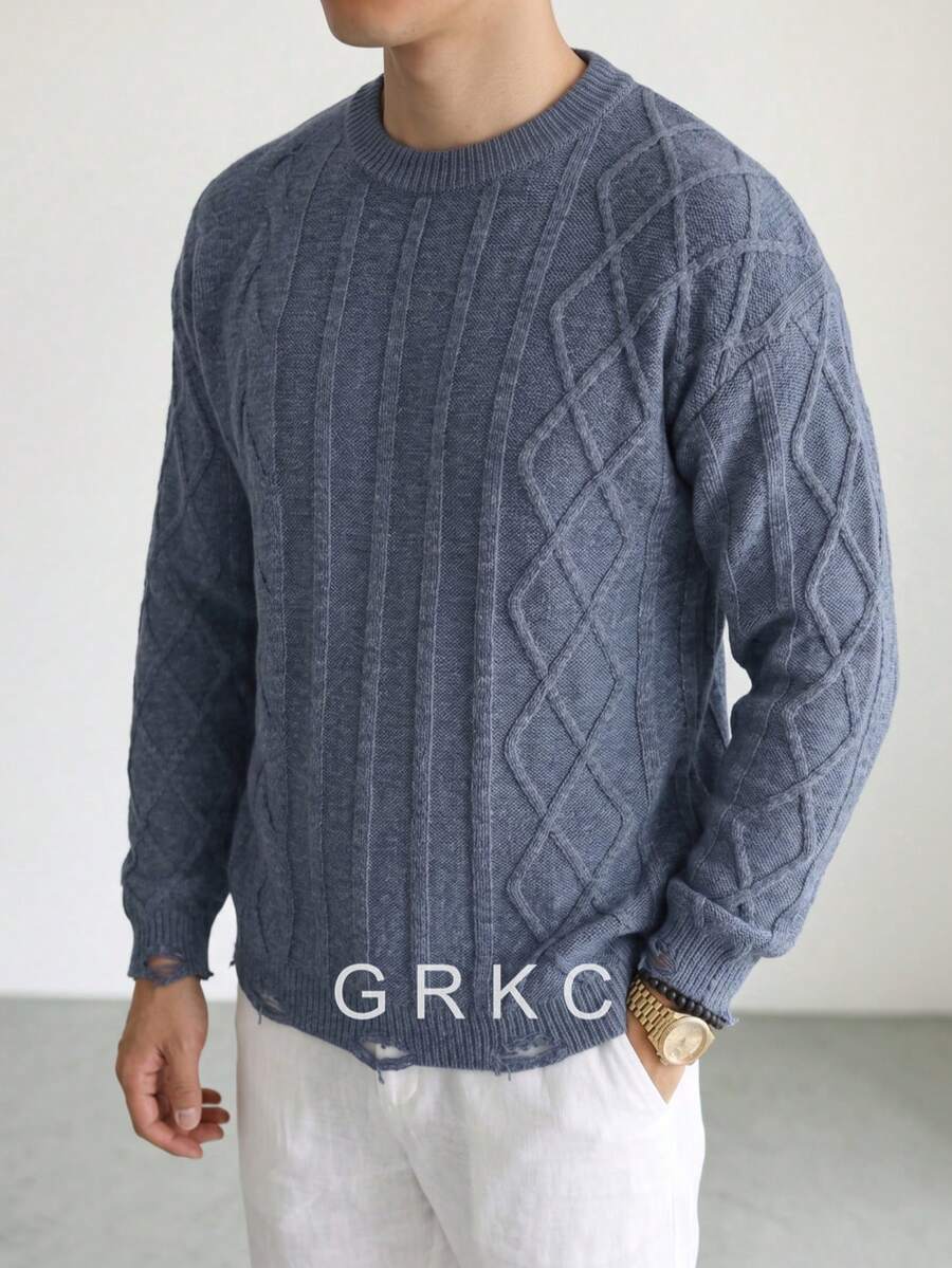GRKC Men's Spring Autumn Winter European American Street Fashion Minimalist Casual Versatile Striped Plaid Textured Crew Neck Long Sleeve Pullover Knit Sweater - Blue - View 1
