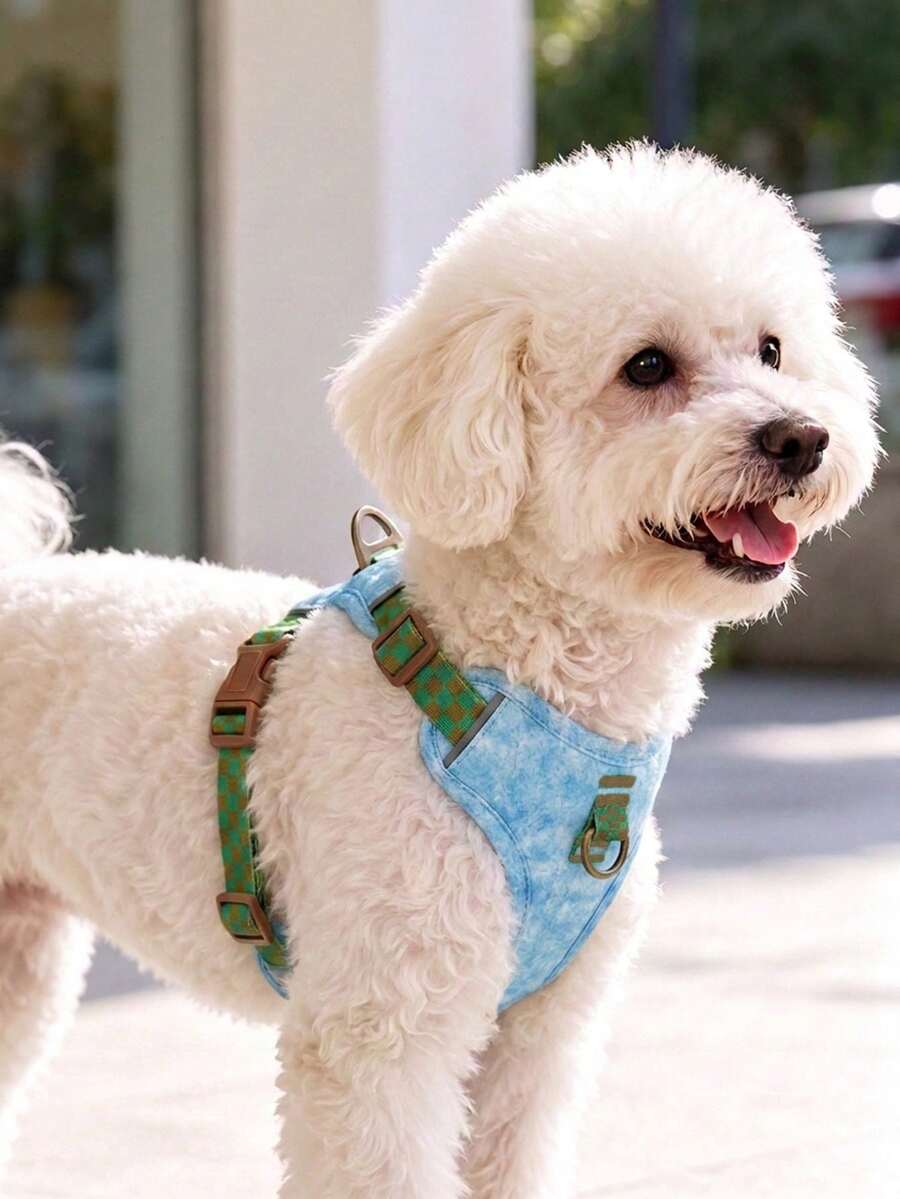Arnés para mascotas tejido con estampado de cuadros tie-dye azul, anti-explosión, cómodo y transpirable, con patrón de palmeras verdes, adecuado para perros y gatos, para todas las estaciones, apto para pasear perros y gatos pequeños a medianos - Multicolor - Ver 1