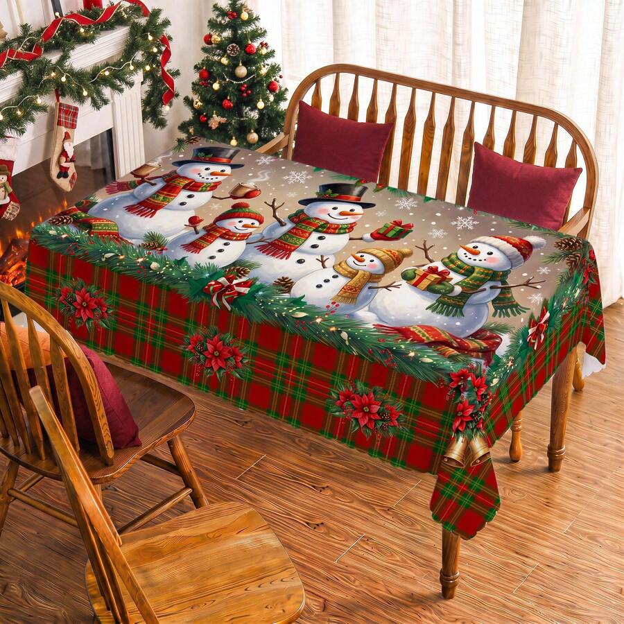 1pc Christmas Snowman Snowflake Pine Branch Plaid Print Rectangular Tablecloth, Suitable For Holidays, Parties, Birthdays, Dinners, Restaurant Table Decor, Christmas Home Autumn/Winter Decoration - Multicolor - View 1