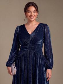 EVERPRETTY Gaun Malam Formal Wanita Ukuran Plus Elegan Musim Gugur Warna Biru Tua dengan Lengan Panjang Berkilau, Leher V, Pinggang Berkerut, Model A-Line, Gaun Tamu - Navy Blue - View 6