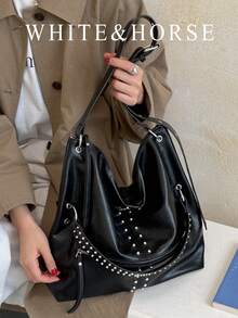 Women's Tote Bag, Commuter Motorcycle Style Rivet Shoulder Crossbody Bag - Black - View 2