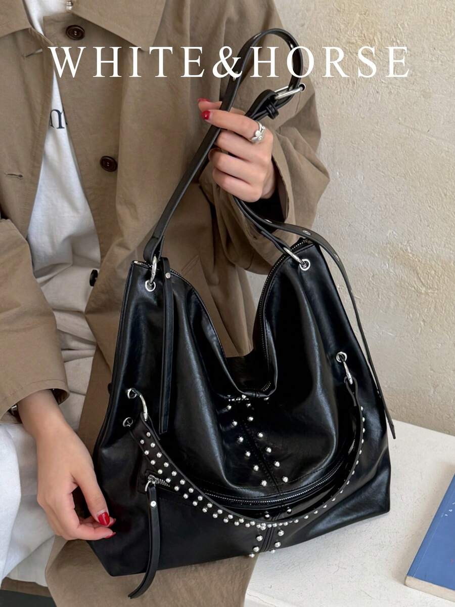 Women's Tote Bag, Commuter Motorcycle Style Rivet Shoulder Crossbody Bag